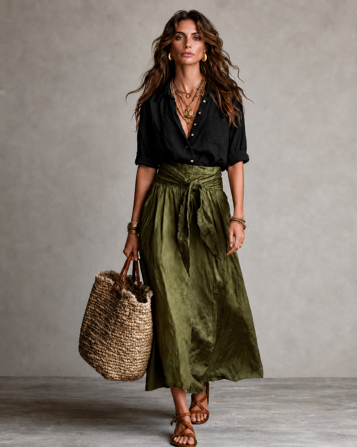 Solène | Ensemble chemise noire et jupe midi