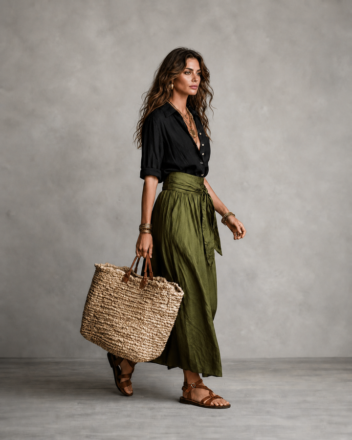Solène | Ensemble chemise noire et jupe midi