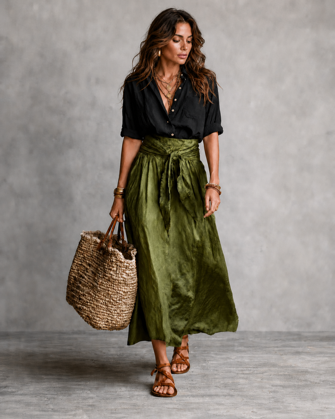 Solène | Ensemble chemise noire et jupe midi