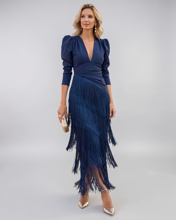 Mireille | Robe drapée à franges