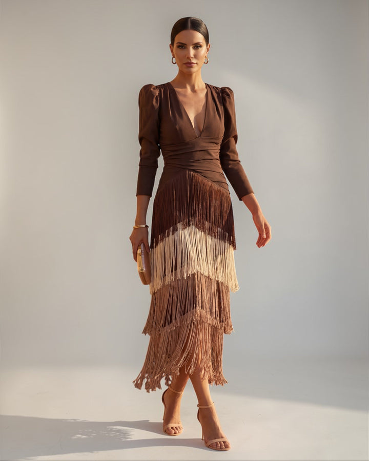 Mireille | Robe drapée à franges